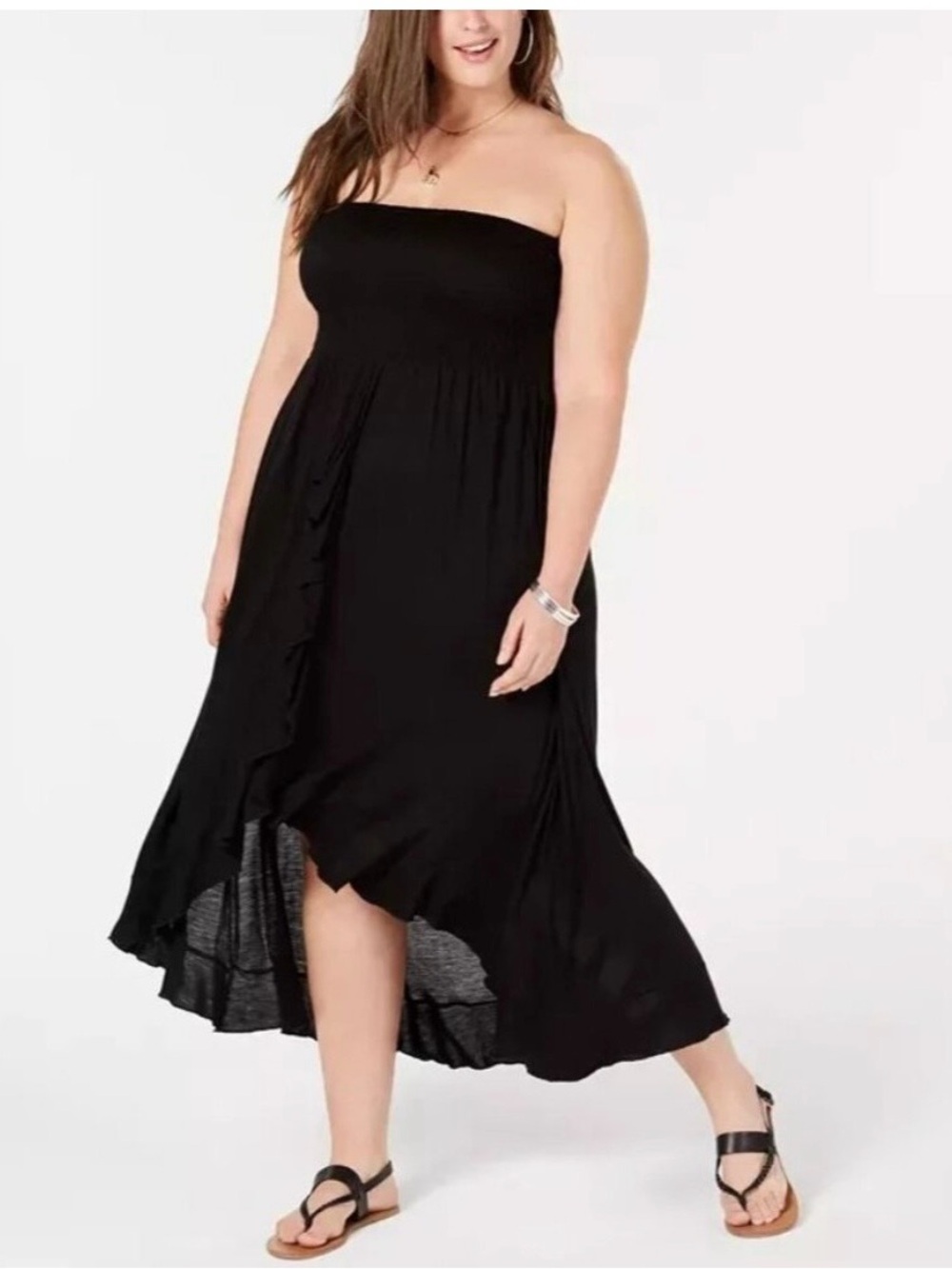 Raviya Swim Cover Up Tube Dress Maxi Hi Low Smocked Strapless Black 1X